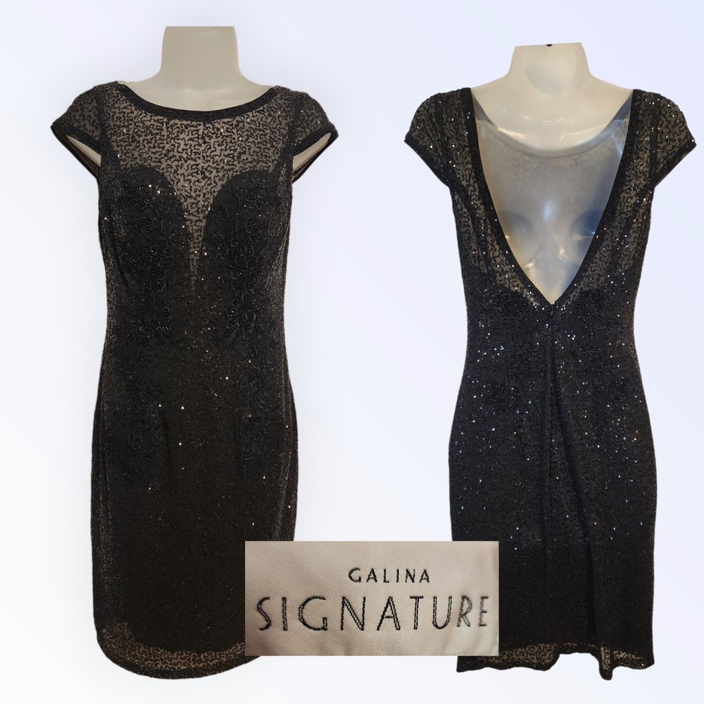 GALINA SIGNATURE Black Formal Beaded Sheath Dress Cap Sleeve V-Back Size 4
